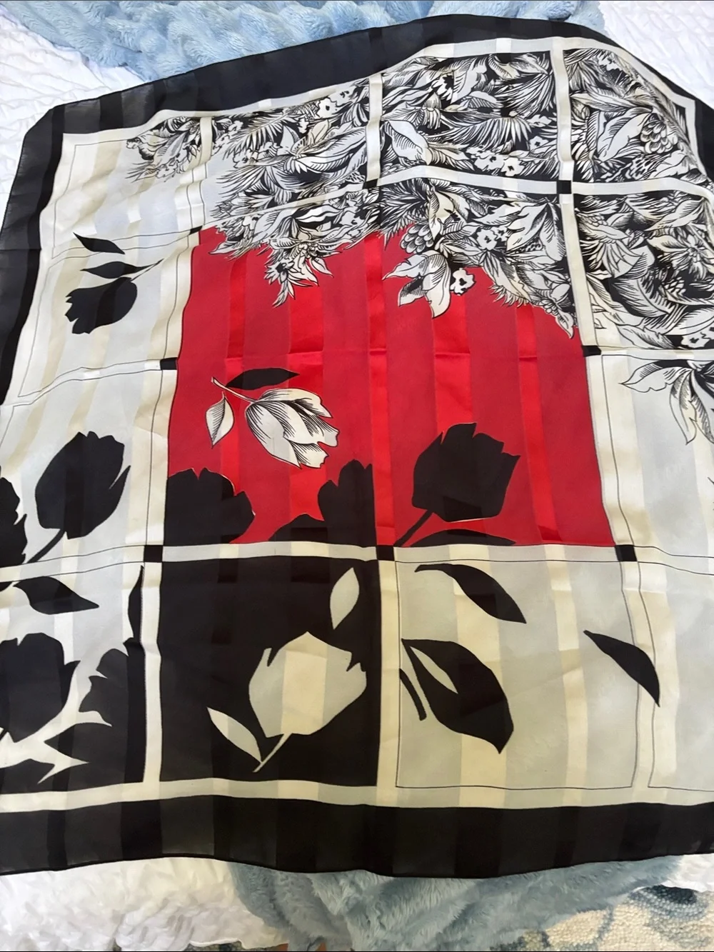 Floral Red and Black Silk Scarf